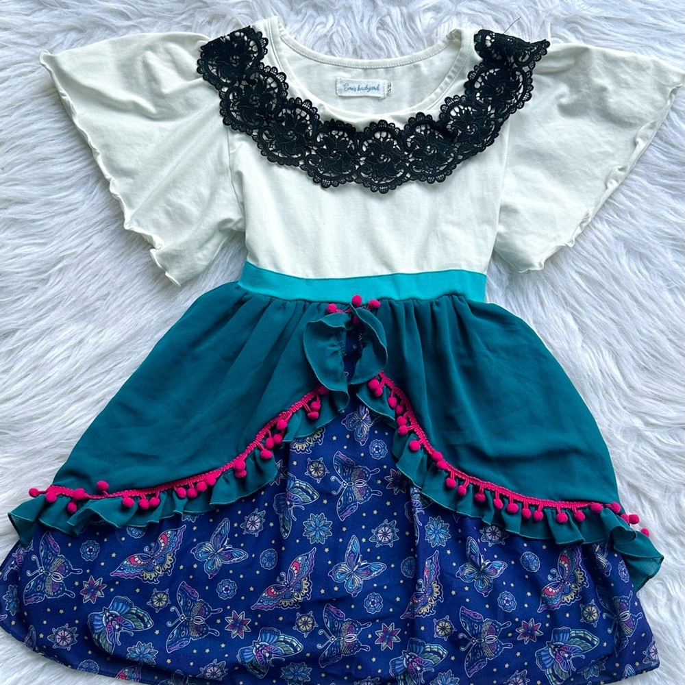 Girls' White and Blue Dress with Black Lace